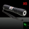 Fato 5Pcs 300mW Professional Verde Laser Pointer com 16.340 bateria e carregador preto (619)