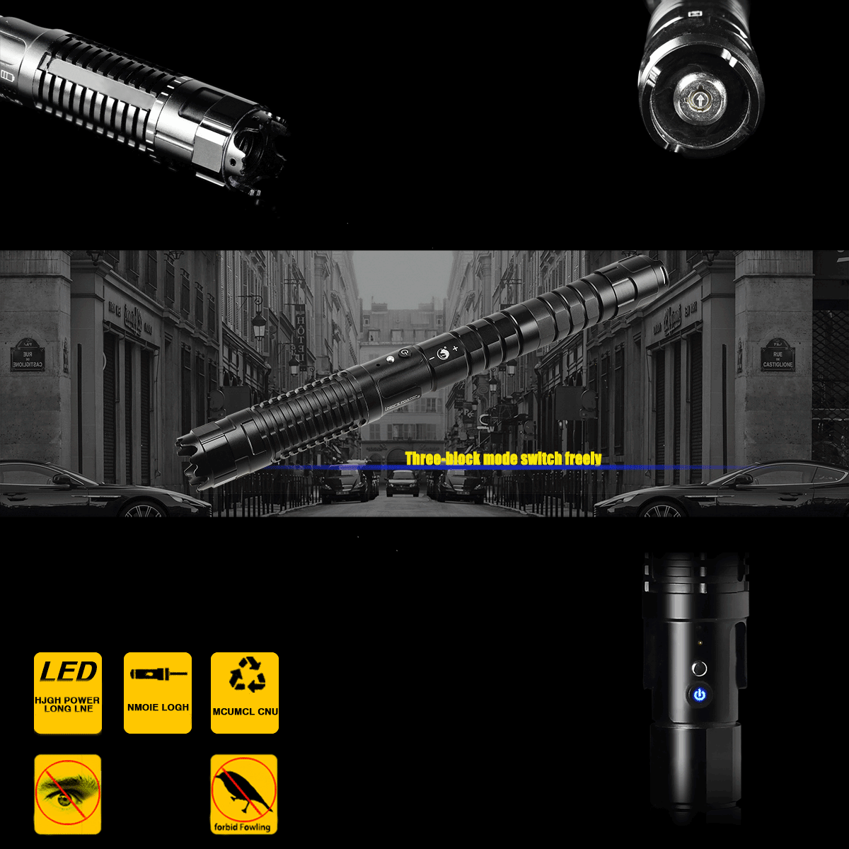 UKing ZQ-j8 10000mW 445nm Blue Beam 3-Mode Zoomable 5-in-1 Laserpointer-Set Schwarz
