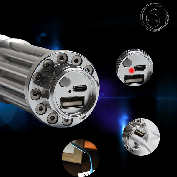 UKing ZQ-15USB Batterie Intégrée USB 30000mW 445nm Rayon Bleu Stylo Pointeur Laser Zoomable Argent